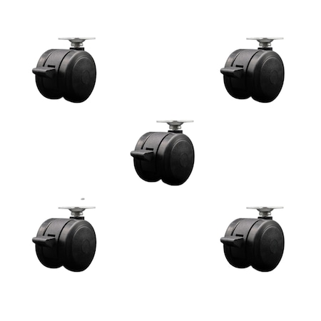 Service Caster 2'' Black Floor Safe Twin Wheel Casters with Brakes Top Plate, 5PK SCC-TP02S50-TPR-BLK-B-5